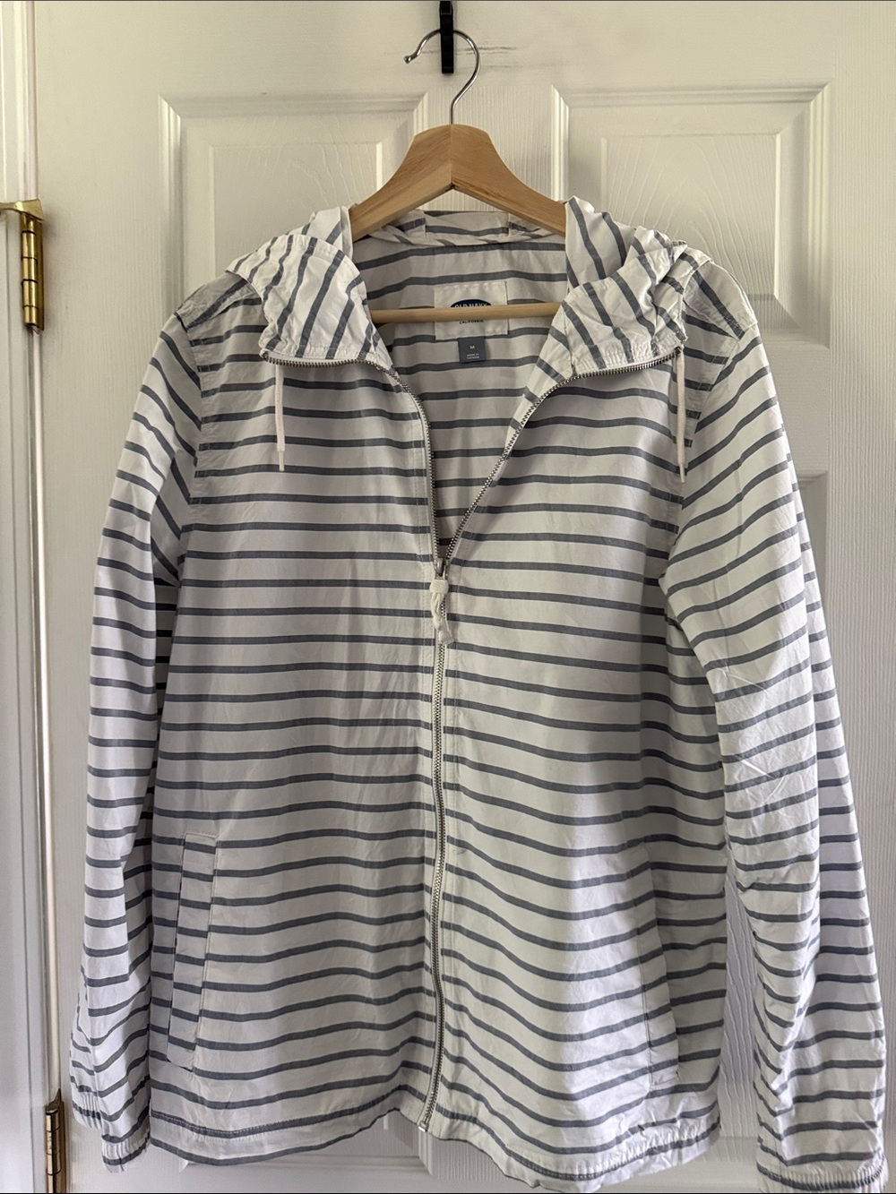 Old Navy White Hooded Zip-Up with Light Gray Stripes